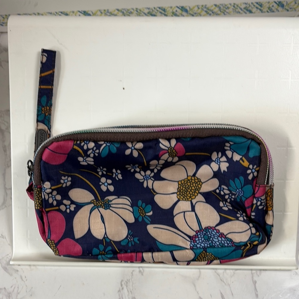 3 Zippered Pocket Floral Multi-Color Nylon Wristlet Wallet Cosmetic